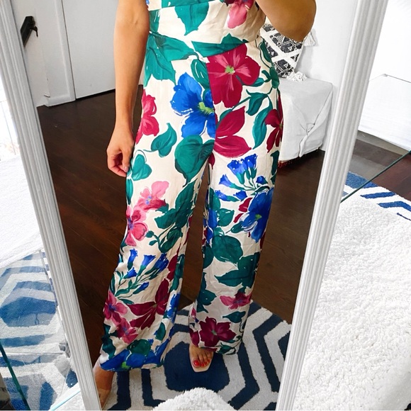 🌺 ZARA BOHO GREEN PINK MULTI SATIN WIDE LEG JUMPSUIT! - Picture 4 of 16